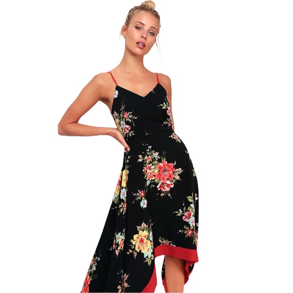 LULU'S Go Fleur a Twirl Black Floral Print Handkerchief Midi Dress. Size Small - Picture 3 of 11
